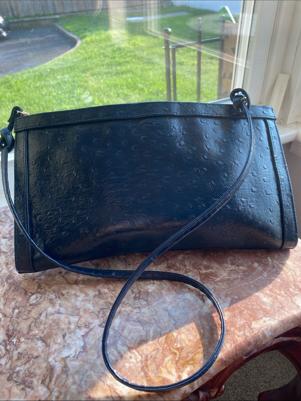 Vintage Bueno Faux Ostrich Embossed Navy Crossbody Shoulder Bag- made in Korea